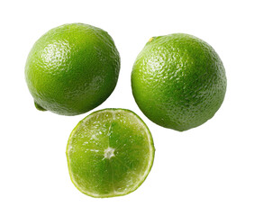 Three vibrant limes, two whole and one halved, arranged in a triangular pattern against a black background.  The limes display a bright green skin with subtle texture and slight imperfections. 