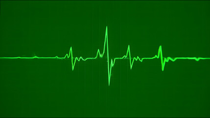 A vibrant green electrocardiogram line showing a heartbeat rhythm on a dark monitor screen.