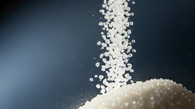 Falling sugar granules cascading onto white sugar pile, creating a dynamic scene. Sugar granules are tiny crystals, reflecting light, illustrating crystalline texture and purity.