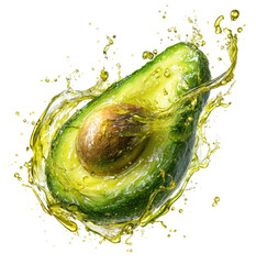 Fresh avocado half, bursting with oil in a vibrant splash