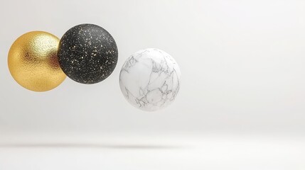 Three floating spheres with metallic and marble textures against a minimalist background, suitable for design, creative projects, abstract themes, or modern interiors,