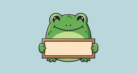 Cute cartoon frog holding a blank sign, smiling.