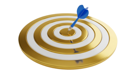 Achieving aspirations a blue dart piercing the golden bullseye of success on a black on transparent background