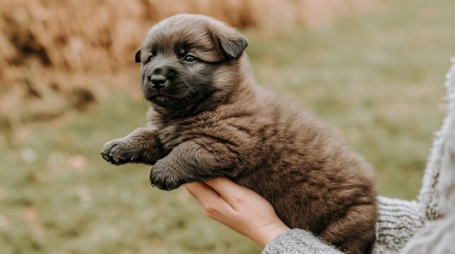 A person gently holds an adorable brown puppy against a soft, blurred outdoor backdrop, showcasing the pet's fluffy fur and expressive eyes, Perfect for pet care, family themes, and animal affection,
