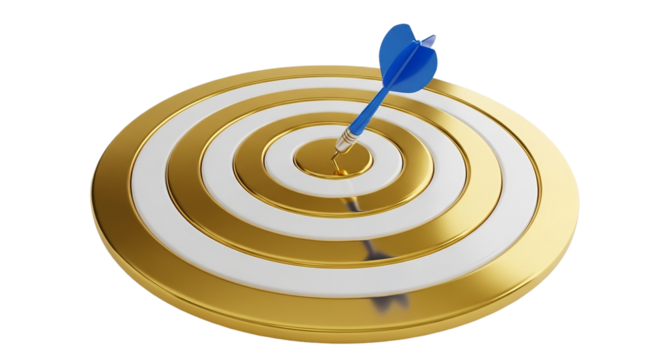 Achieving aspirations a blue dart piercing the golden bullseye of success on a black on transparent background