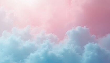 Soft pink, baby blue gradient clouds create dreamy, ethereal atmosphere. Pastel sky evokes sense of calm, wonder. Perfect for background design, image features fluffy cloudscapes with smooth color