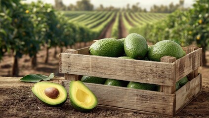 A rustic wooden crate brimming with ripe avocados sits on soil, next to a halved avocado,  with a lush avocado orchard providing a picturesque backdrop