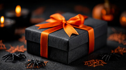 Black box with orange ribbon. A beautifully wrapped black gift box with an orange ribbon sits among Halloween decorations like spiders and candles.