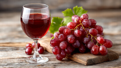 Fresh grapes paired with red wine glass. A glass of red wine and fresh grapes on a wooden surface highlight nature's bounty and craftsmanship.