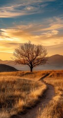 A solitary tree stands on a hilltop, bathed in the warm glow of a setting sun. A winding path leads towards it through dry, golden grass, with mountains visible in the background under a vibrant sky