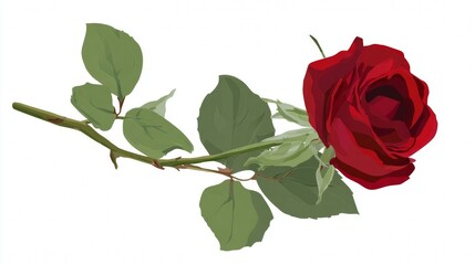 A single red rose with a green leaf and stem is isolated on a white background