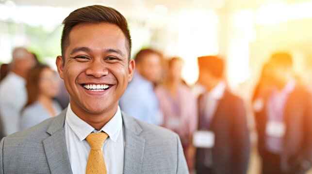 A professional man with a bright smile stands confidently in a busy networking event, showcasing a positive atmosphere, This image is ideal for promotional materials or corporate communication,