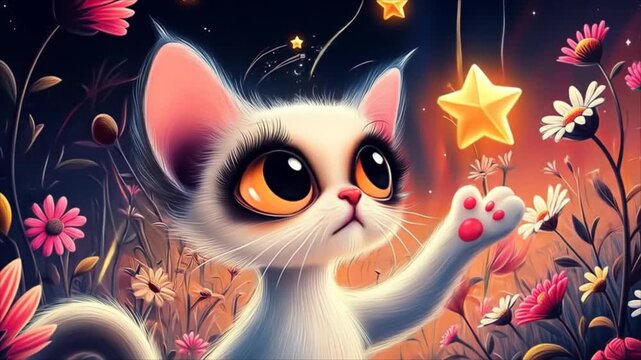Cartoon cat looks dreamily at the starfall and catches a star  