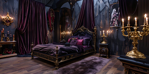 Luxurious gothic bedroom with rich velvet drapes and ornate golden candelabra