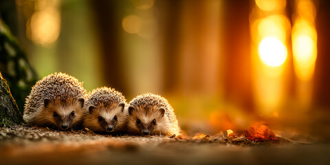 Fototapeta premium Hedgehogs at sunset in woods. Three hedgehogs relax on a forest path as the warm sunlight filters through the trees at sunset.