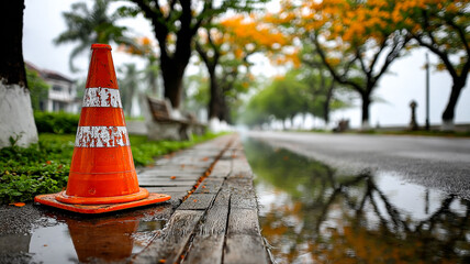 Wet street with traffic cone during rain. Rain creates puddles on the road beside a traffic cone and trees, highlighting a tranquil urban setting.