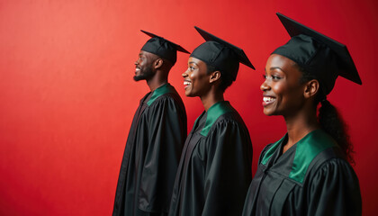 Obraz premium Three African American graduates in black caps, gowns smile with pride on red background. Represent educational success, empowerment, liberation, celebrating achievement, diversity in higher