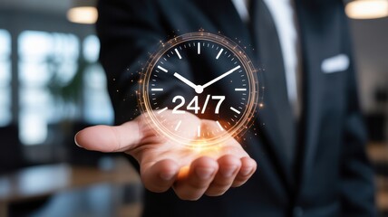 Time Management in the Digital Era: A sharp-dressed professional extends an open palm, seemingly offering the concept of time and constant availability.