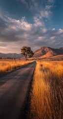 A solitary tree stands beside a long, paved road that stretches towards majestic mountains under a dramatic, colorful sky.  The tall grass flanking the road is a golden hue