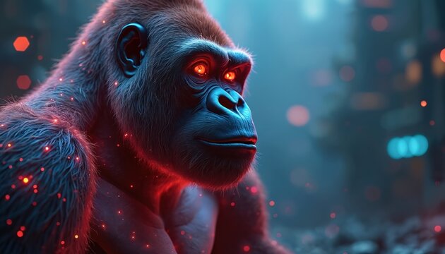 Illustration of digital gorilla with glowing red eyes. Futuristic primate enhanced with blue tech features, surrounded by bokeh lights. Powerful ape in science fiction style, modern digital art.