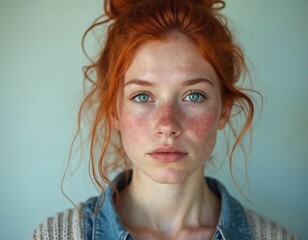 Close-up portrait of woman with red hair, freckles shows serene subtle emotion. Light skin, blue eyes, stylish hair. Natural beauty, self confidence, inner strength, character, individuality, style.
