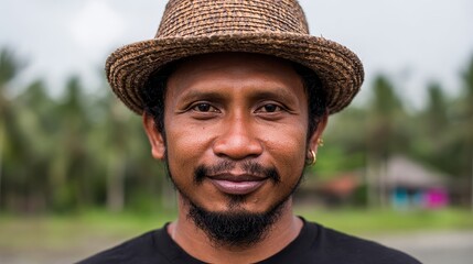 A confident man wearing a straw hat smiles warmly, set against a lush green background, This image can be used for topics like culture, lifestyle, and community engagement,