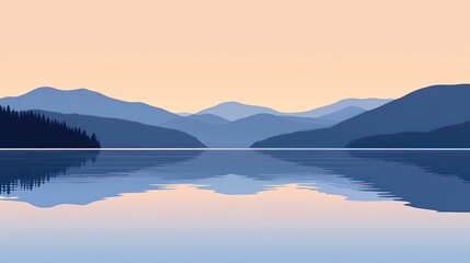 Fototapeta premium A serene landscape featuring calm waters reflecting layered mountains under a soft pastel sky, ideal for use in travel brochures, relaxation themes, or nature-related projects,