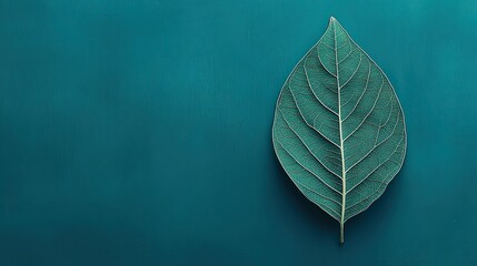A detailed green leaf is positioned against a teal backdrop, offering a striking visual, This image can be used for eco-friendly projects, wellness themes, or nature-inspired designs,