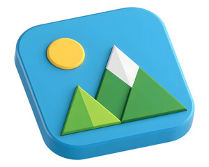 Fototapeta premium Digital 3 D icon of mountains and sun on blue background digital art rendered