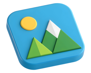 Digital 3 D icon of mountains and sun on blue background digital art rendered