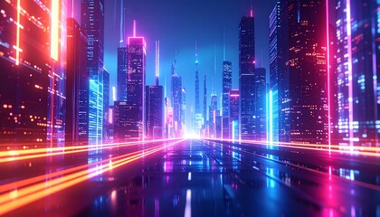 Neon-lit futuristic city at night