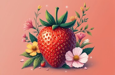Vibrant illustration features large red strawberry centerpiece surrounded by minimalist collage of colorful flowers, green leaves. Delicate floral shapes, geometric elements create harmonious,