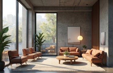 Fototapeta premium Modern loft interior features concrete walls, large windows with city, tree views. Furnished with comfortable brown leather sofas, armchairs, round wood coffee table, plants. Bright open space with