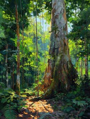 Sun-dappled path winds through lush, verdant rainforest, a massive tree dominates the center, its base covered in mossy textures, sunlight streams through the canopy creating a magical atmosphere
