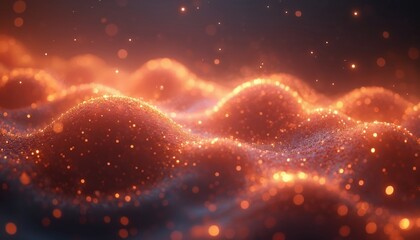 Abstract glowing orbs array create wavy pattern, with soft warm light emanating from within. Radiant dynamic digital futuristic modern design, high technology ambient motion, sleek geometric tech