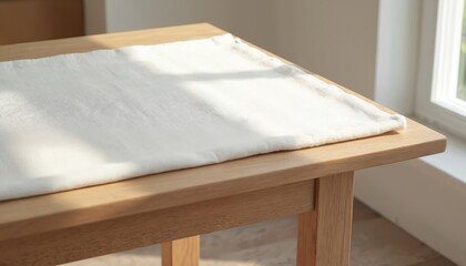 Side view of wooden table with clean white fabric runner. Natural light streams from window, casting soft shadows. Clean, simple scene offers blank canvas for interior design mockups, product