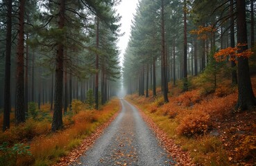 Fototapeta premium Gravel path in forest during autumn season. Pine trees along rural trail in woodland. Colorful foliage, dry leaves on road. Fall landscape, calm nature. Walk through peaceful natural environment.