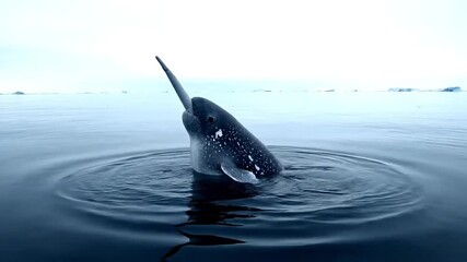 Mysterious narwhal emerges from calm Arctic waters, its iconic tusk pointed skyward.
