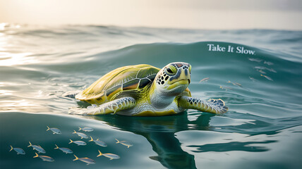 Turtle Floating in Ocean Waves Take It Slow