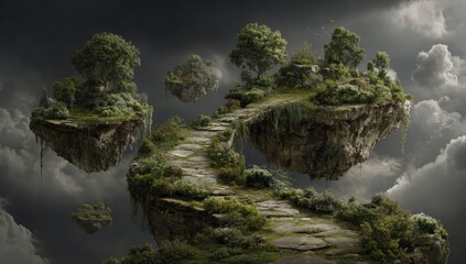 A winding stone path connects several lush, floating islands amidst a dramatic, cloudy sky.  The scene evokes a sense of fantasy and wonder