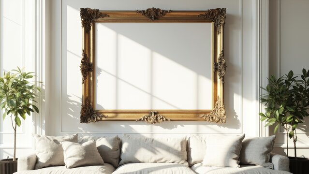 Horizontal Gold Frame Mockup in a Bright, Modern Living Room with Sofa. A beautiful and elegant mockup featuring a large, horizontal ornate gold frame hanging in a bright, sunlit modern living room. T