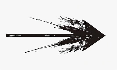 A stylized black arrow pointing right, with a distressed, grunge texture, suggesting movement and speed. The arrowhead explodes outward in a spray of ink