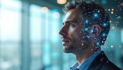 Businessman with futuristic digital cyber interface. Artificial intelligence, human integration concept. High tech innovation, future computing. AI, neural networks, digital transformation, modern