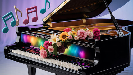 Vibrant Piano with Flowers and Musical Notes