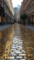 A narrow city street with a reflective, gold-paved surface.  Buildings line either side, creating a long perspective. Sunlight glints off the polished gold