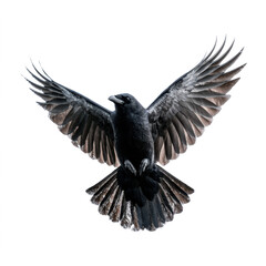 Naklejka premium A black crow in full flight, wings spread wide, isolated against a white background, showcasing its feathers.