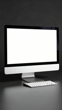 Blank screen modern desktop computer with keyboard on dark tabletop, work from home setup for business presentation