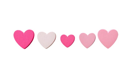 Five hearts in varying shades of pink and white,  in a horizontal row against a black background.  They are simple, stylized, and appear three-dimensional