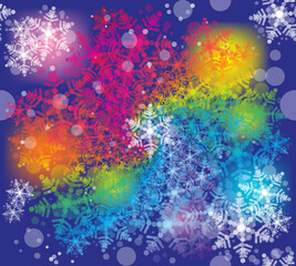 Snow rainbow background. Seamless pattern with colorful snowflakes.