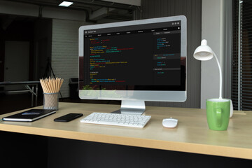 Fototapeta premium Software development programming on computer screen for modish application and program coding